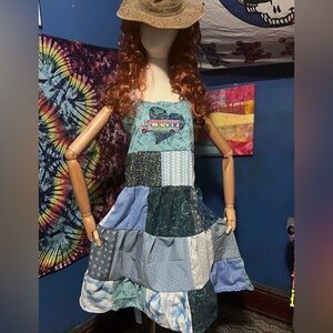 Grateful Dead Handmade Patchwork Hippie Mini Dress in Blue